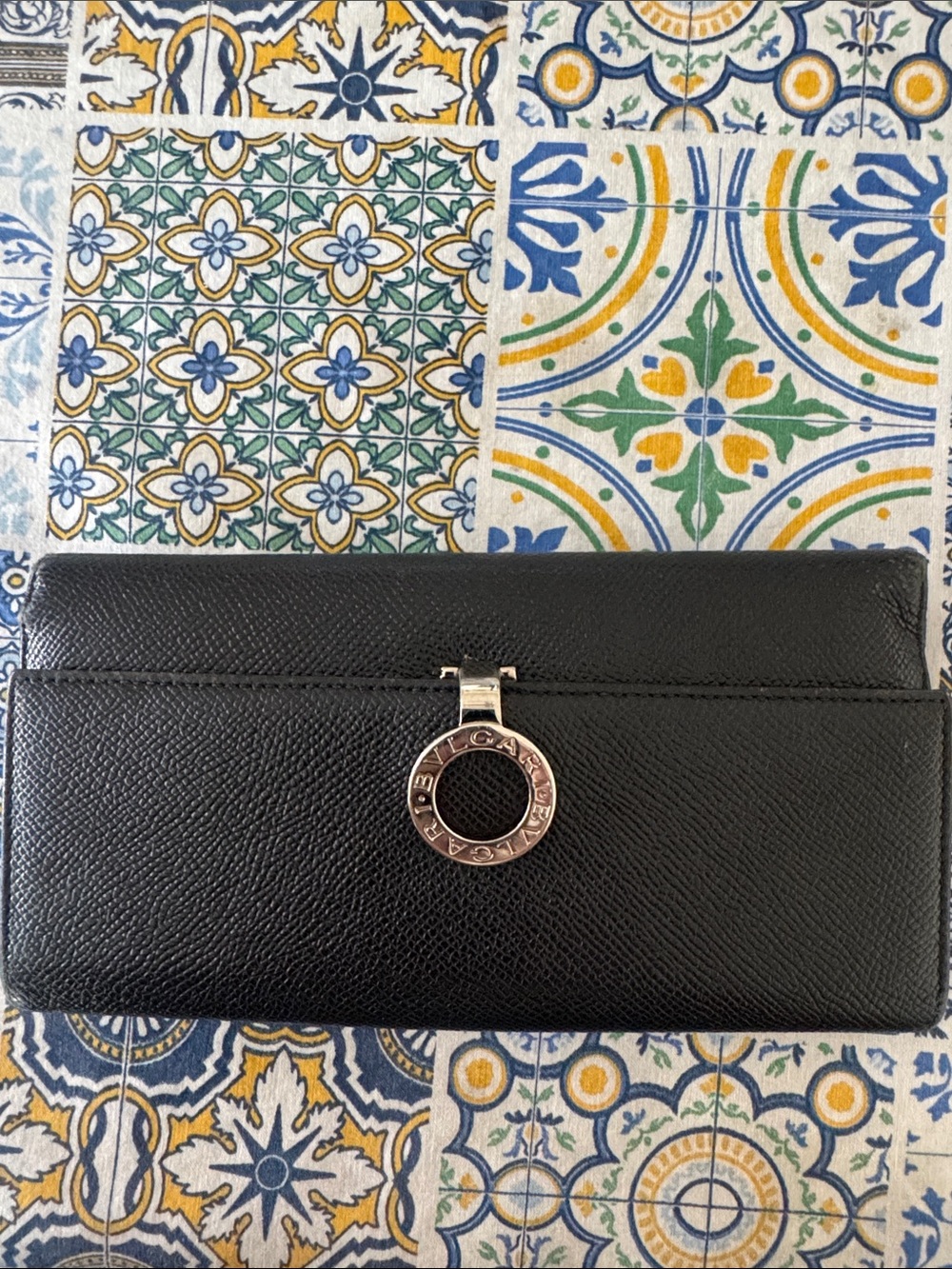 Bulgari Black Leather Continental Wallet with Silver Ring Logo